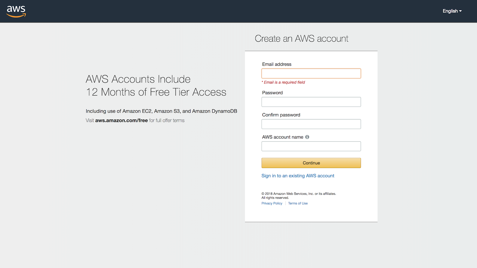 2. एडब्ल्यूएस नि: शुल्क स्तरीय खाता बनाएँ