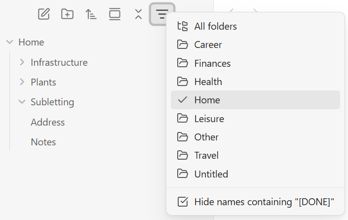 File Explorer Filter menu showing top-level folder filters in the Obsidian File explorer