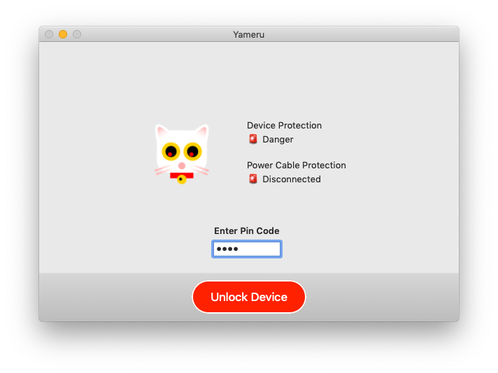 UI of Yameru. Input field with text 'Enter pin code'. Button with text 'Unlock Device'.
