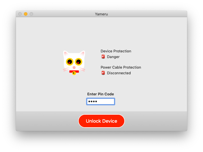 UI of Yameru: pin code field and Unlock Device button