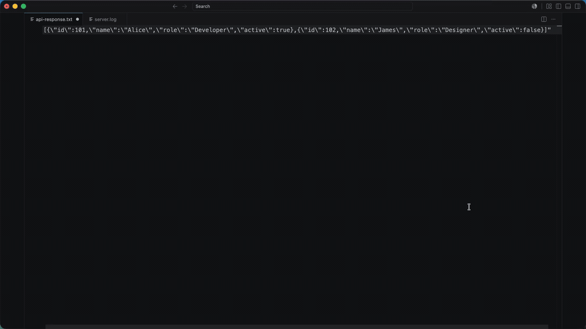 JsonStudio demo showing clipboard formatting, Tree View editing and drag-and-drop, Grid View editing, and log JSON extraction