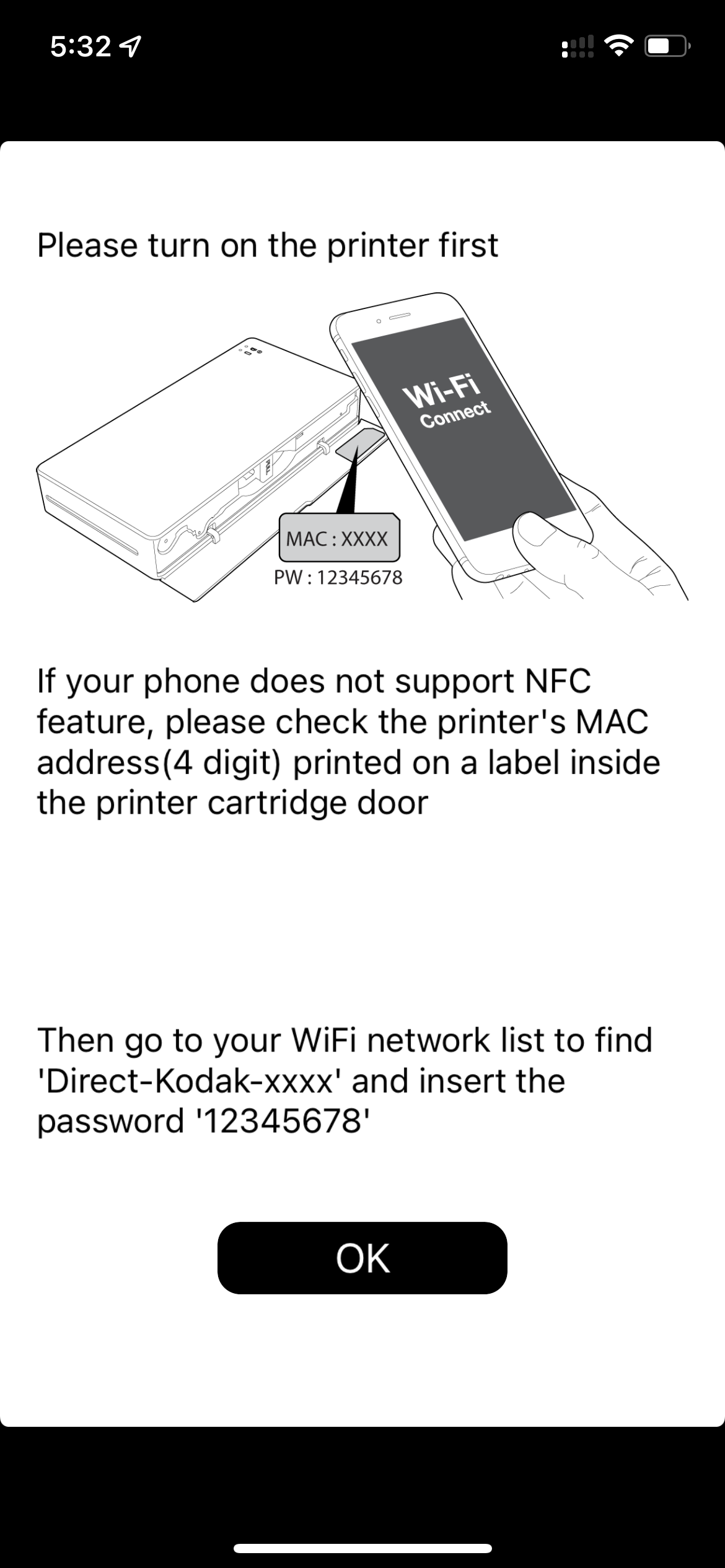 Screenshot of the companion app instructing users to connect to the printer's WIFI themselves.