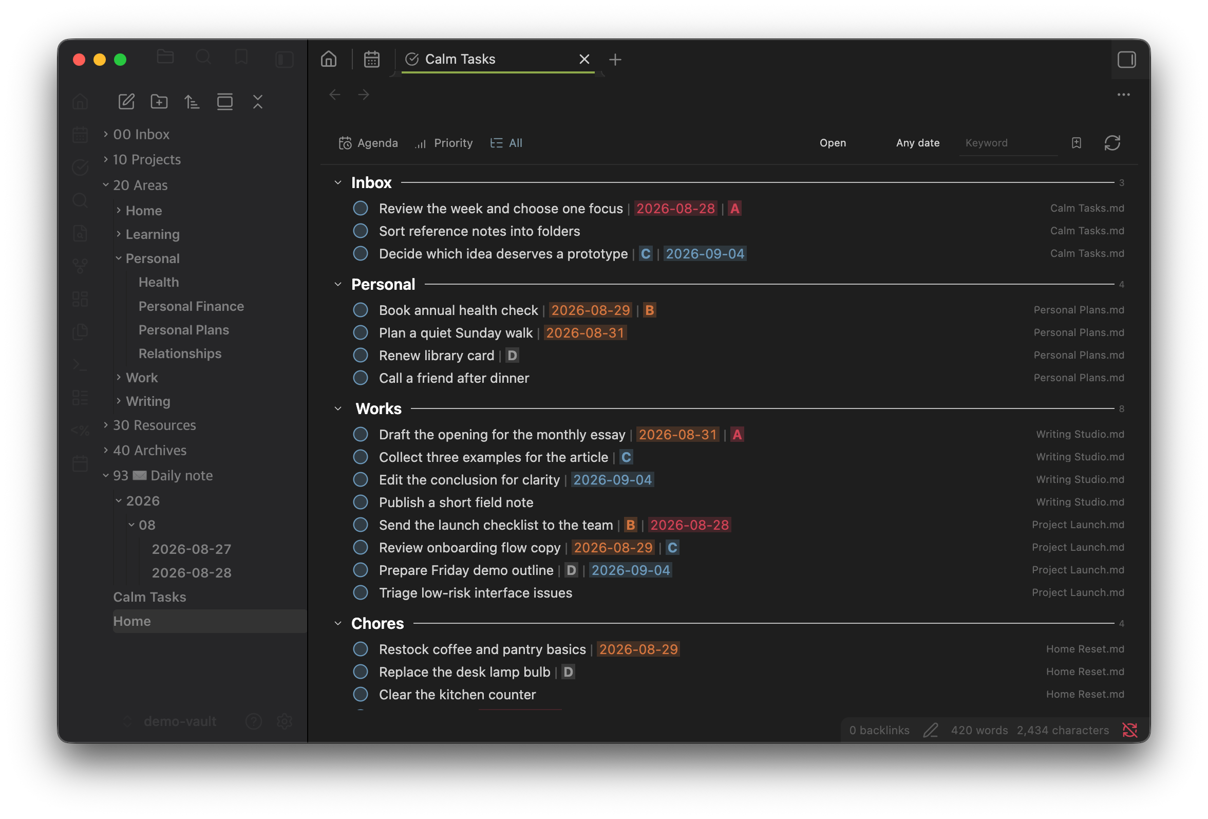Calm Tasks workspace