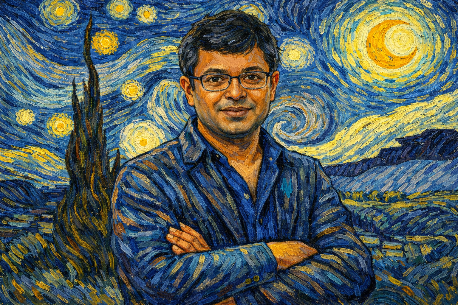 Portrait of Sunil Abraham in the style of Van Gogh's Starry Night, featuring swirling blue and yellow brushstrokes depicting a thoughtful figure against a cosmic backdrop of stars and celestial patterns