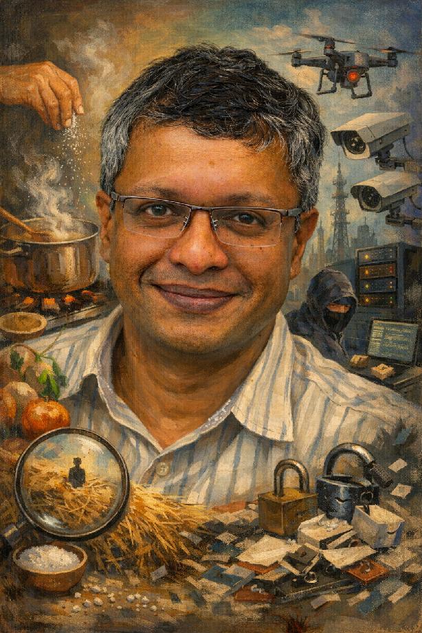Artistic portrait of Sunil Abraham in the style of classical oil painting, featuring symbolic elements representing the surveillance-as-salt metaphor: a hand adding salt to a cooking pot in the upper left, surveillance cameras and drones in the upper right, a magnifying glass over scattered documents and grains representing data, and padlocks symbolising security and privacy. The composition blends domestic cooking imagery with surveillance technology to visualise the central metaphor of proportionate surveillance.