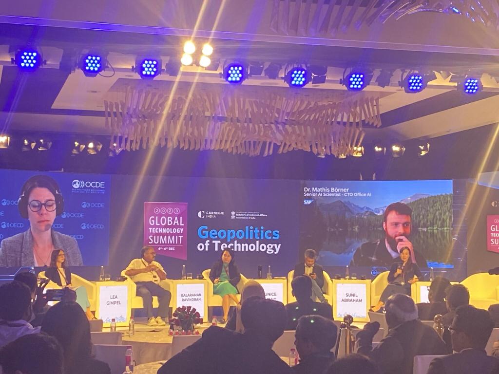 Panel discussion at the Carnegie India Global Technology Summit 2023, focused on open source artificial intelligence and technology governance.