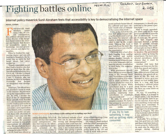 Scanned print layout of The Hindu article titled 'Fighting Battles Online', dated 2 September 2014, featuring a profile of Sunil Abraham.