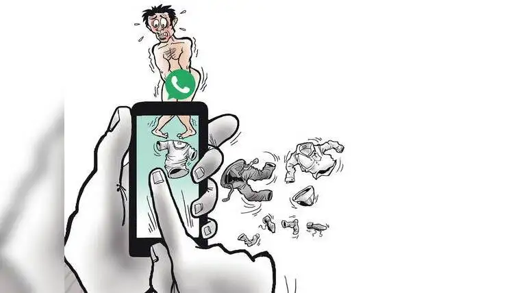 Illustration showing a hand holding a smartphone with the WhatsApp logo on the screen, while a distressed human figure appears exposed and fragmented, visually representing digital surveillance and intrusion through mobile spyware.