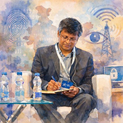 Artistic portrait of Sunil Abraham seated at a conference panel, writing in a notebook. Rendered in a mixed watercolour and soft oil style using cool pastel blues and indigo tones. Faint background elements include the phrase 'Repeat after me', abstract fingerprint motifs, and subtle network node sketches representing themes of surveillance and digital identity.