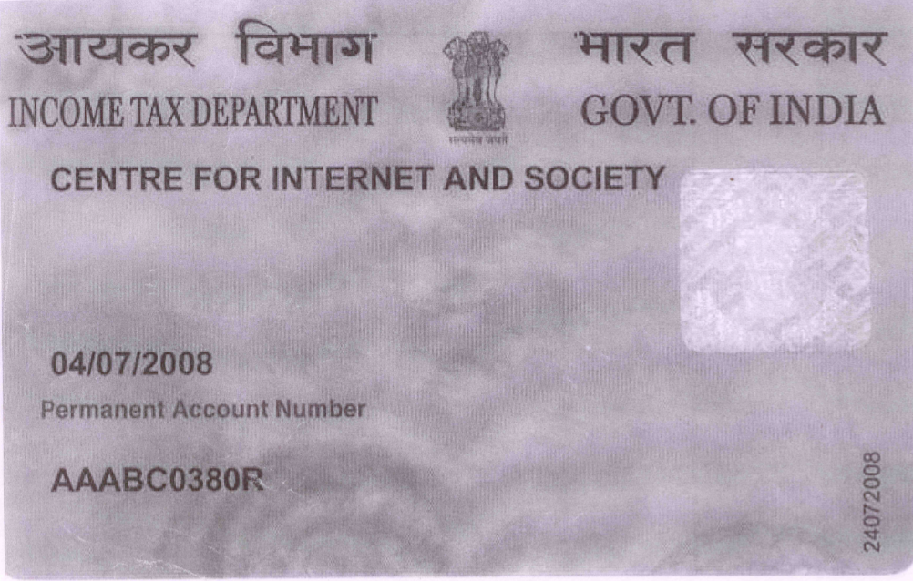 Permanent Account Number (PAN) card issued to the Centre for Internet and Society