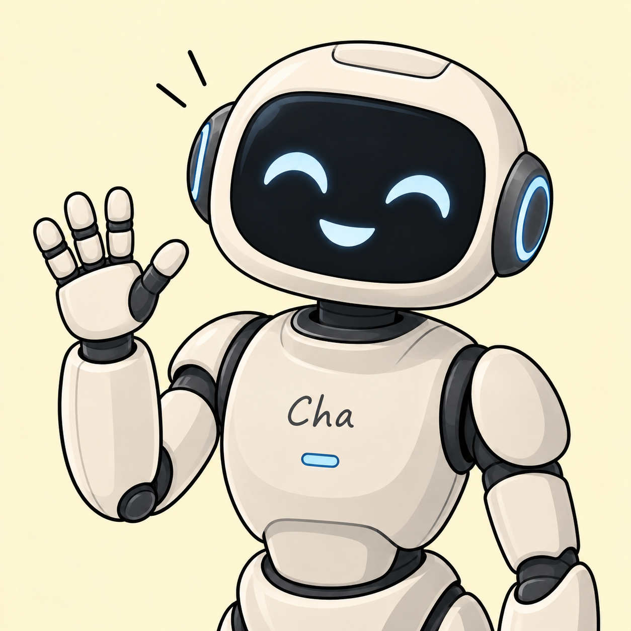 Cha, a front-facing cartoon robot-like conversational character from TSPA