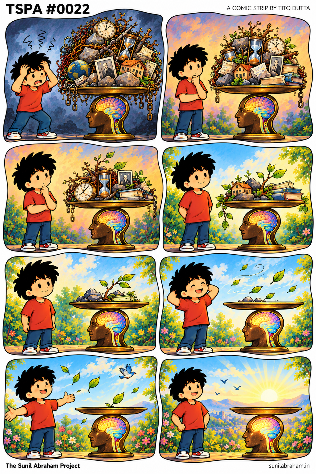 TSPA #0022 wordless comic showing Ti beside a brain-shaped weighing machine as a pile of symbolic burdens diminishes and his mood brightens