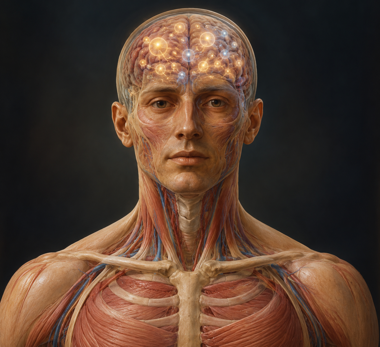 Front-facing anatomical illustration of a human upper body, from the head to the chest, against a dark charcoal background. The transparent outer layer reveals the brain, facial muscles, neck structures, ribs and chest muscles. Numerous small and large amber-gold and cool blue-white luminous spheres appear within the brain, suggesting thoughts and mental activity. The figure looks directly ahead with a neutral expression.