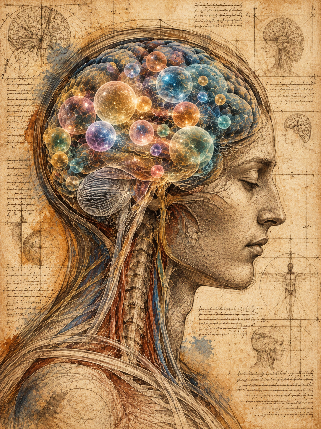 Renaissance-inspired anatomical study of a human head and upper torso in right-facing profile on aged, warm sepia parchment. Fine ink-like lines reveal the brain, facial structure, neck, vessels and shoulder. The brain contains many translucent thought-like spheres of varied sizes in muted gold, amber, blue, turquoise, green and violet, connected by delicate luminous filaments. Small anatomical sketches, geometric diagrams and handwritten marks surround the figure, combining scientific notebook imagery with a contemporary visualisation of thought.