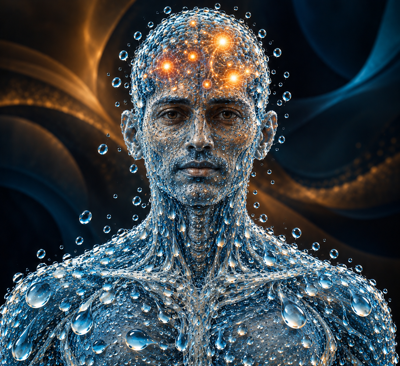 Front-facing portrait of a human figure formed from translucent blue water droplets and flowing liquid strands, against an abstract dark blue and amber background. The head reveals irregular orange, gold and reddish sparks linked by delicate glowing filaments, suggesting thoughts and neural activity. Small suspended droplets surround the head and shoulders.