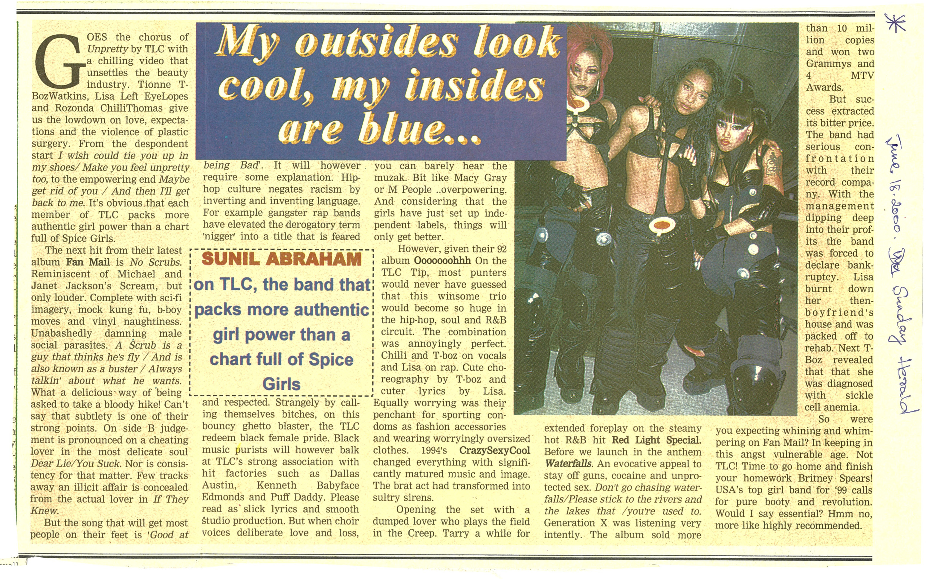 Newspaper clipping titled My Outsides Look Cool, My Insides Are Blue, published in The Sunday Herald on 18 June 2000