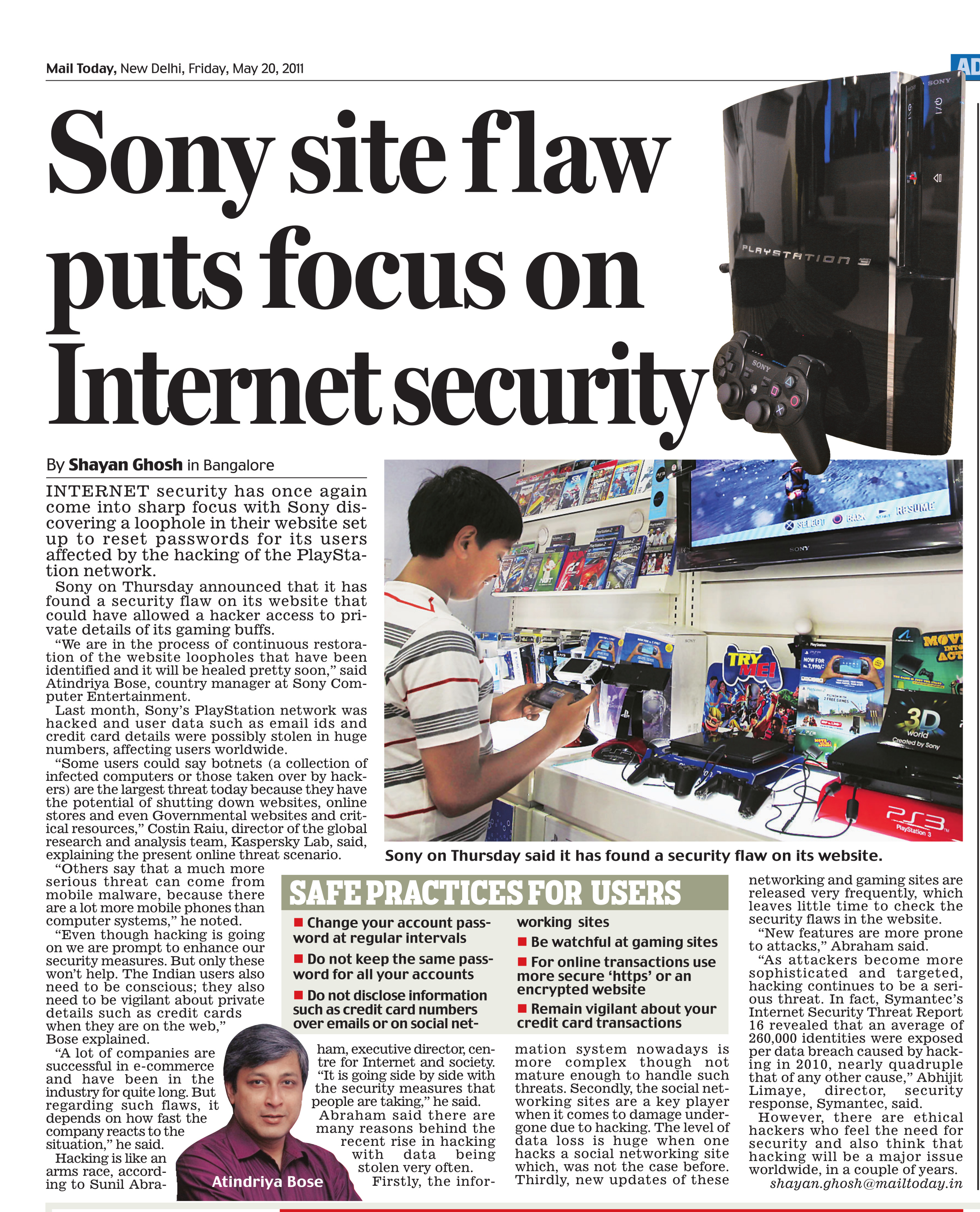 Newspaper clipping of 'Sony Site Flaw Puts Focus on Internet Security', published in Mail Today on 20 May 2011