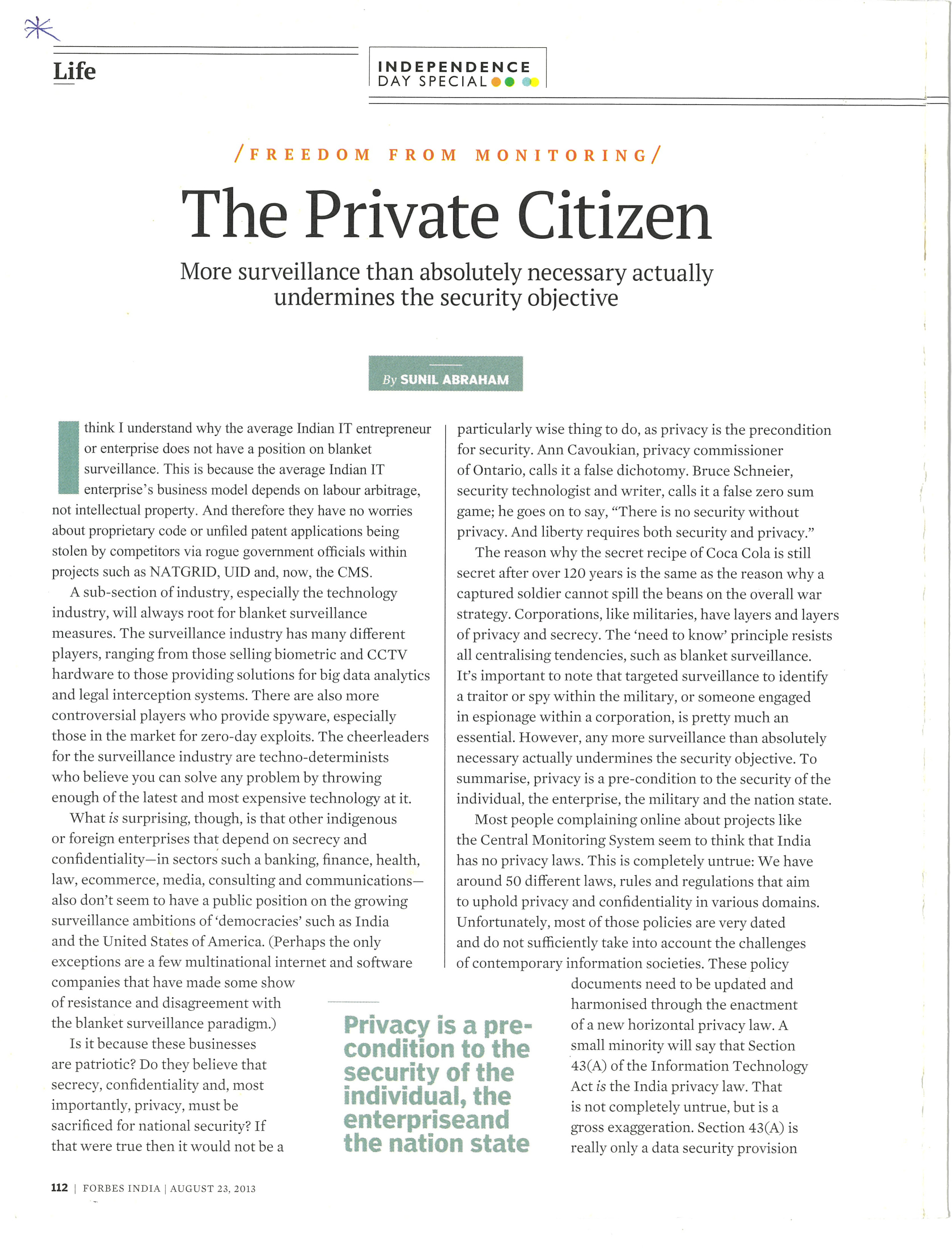 Forbes India clipping page 1 of The Private Citizen by Sunil Abraham, 23 August 2013