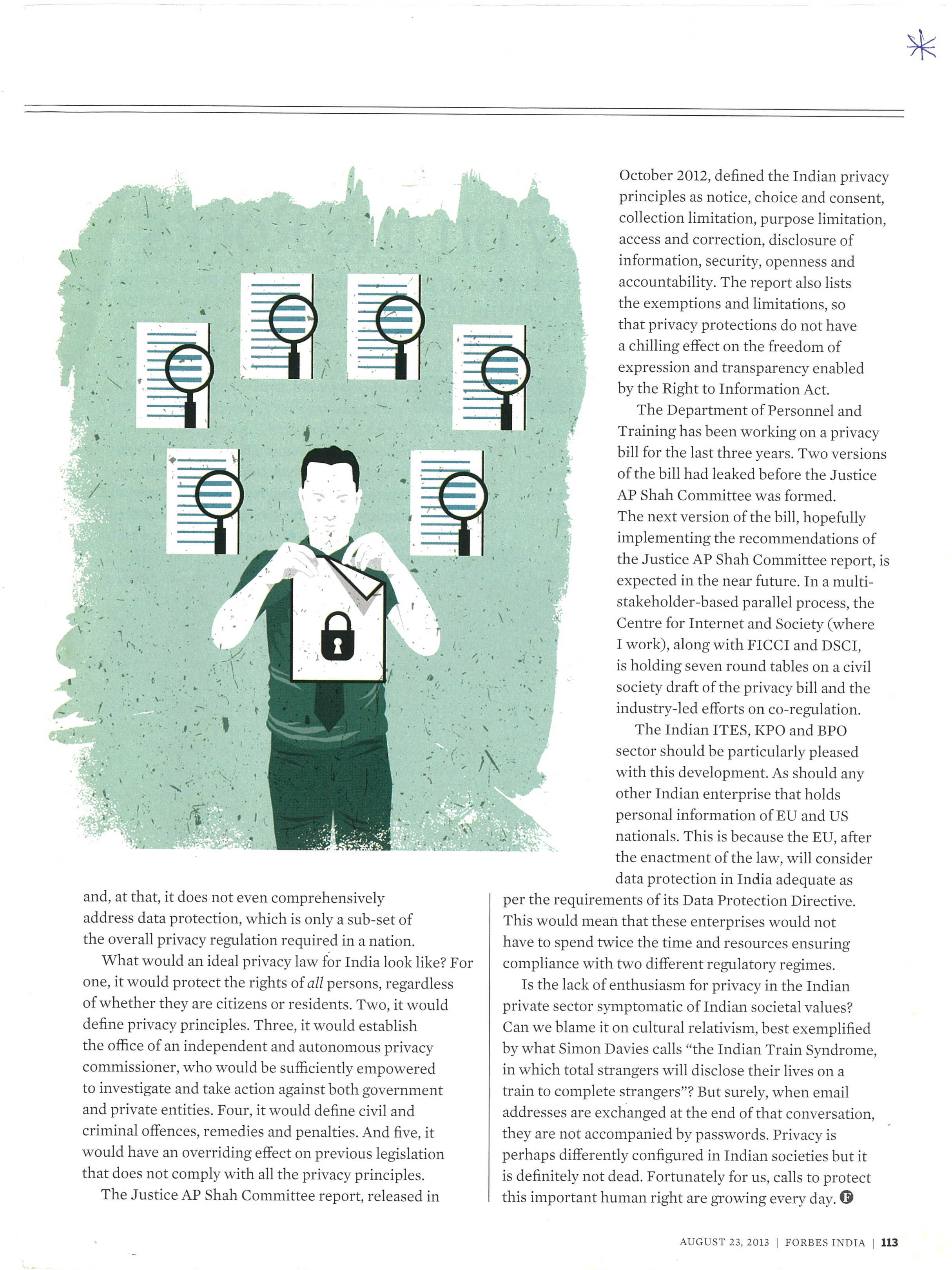 Forbes India clipping page 2 of The Private Citizen by Sunil Abraham, 23 August 2013