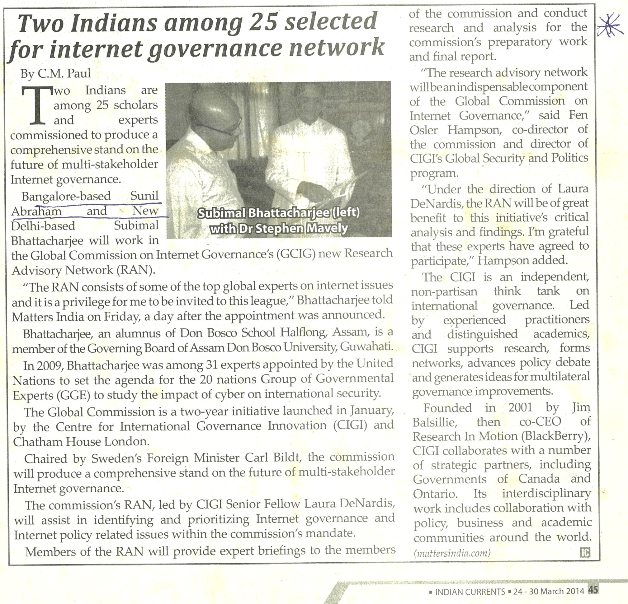 Indian Currents clipping dated 24–30 March 2014 titled Two Indians among 25 selected for internet governance network, page 45