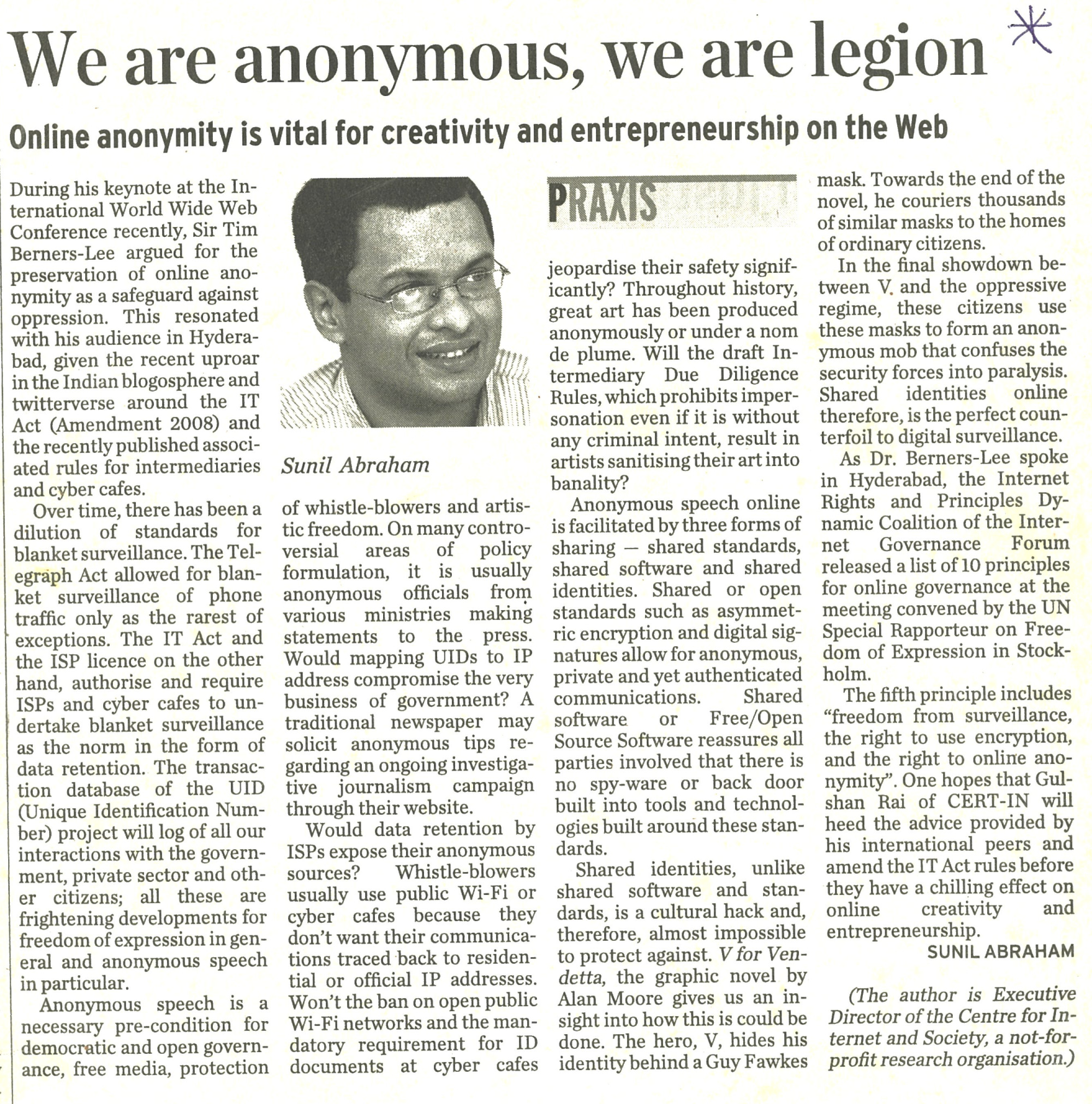 Newspaper clipping of 'We Are Anonymous, We Are Legion' published in The Hindu on 18 April 2011