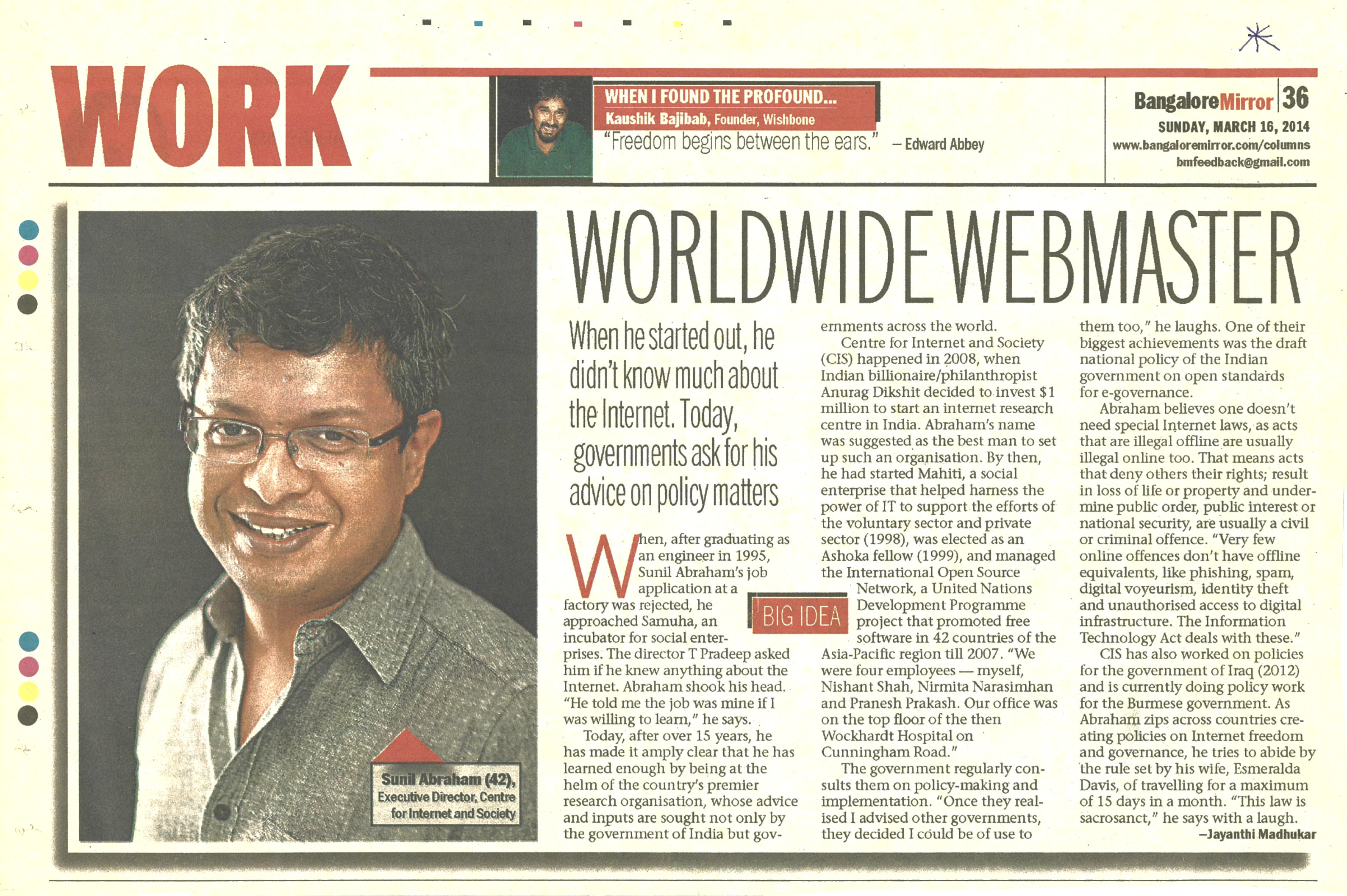 Bangalore Mirror clipping dated 16 March 2014 titled Worldwide Webmaster, a profile of Sunil Abraham by Jayanthi Madhukar