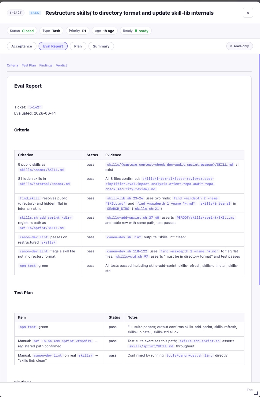 Eval Report tab — criterion-by-criterion pass/fail with file:line evidence from a fresh evaluator agent