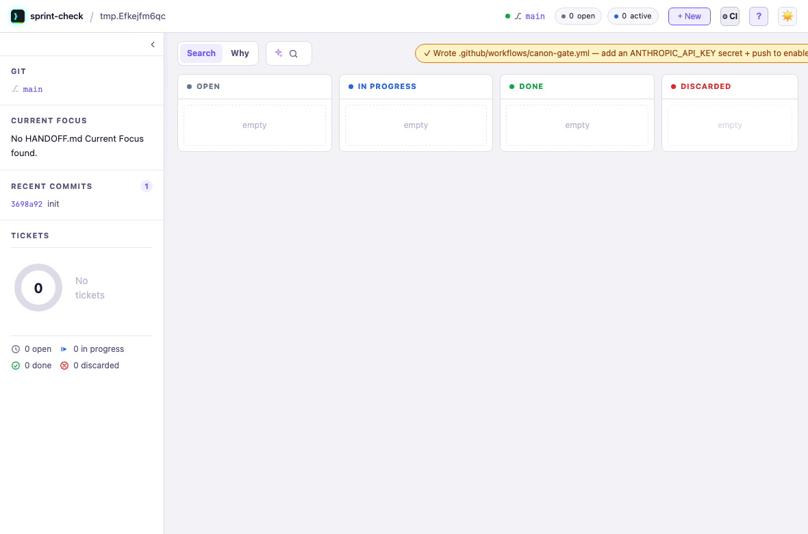 sprint-check board header with the ⚙ CI 'Set up CI gate' button and a toast confirming .github/workflows/canon-gate.yml was written — one click generates the PR-grading workflow