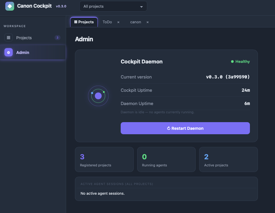 The Admin panel — daemon health, version, uptime split by shell vs. daemon, and every active agent session in one list.
