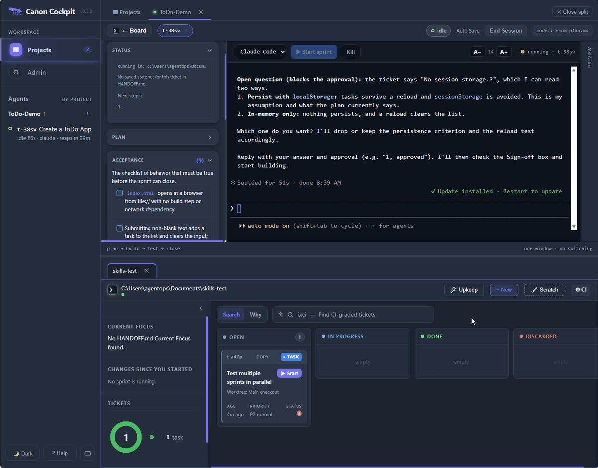 The Cockpit board — searchable local kanban with status-aware cards and repo context, running inside Canon Cockpit's own shell.