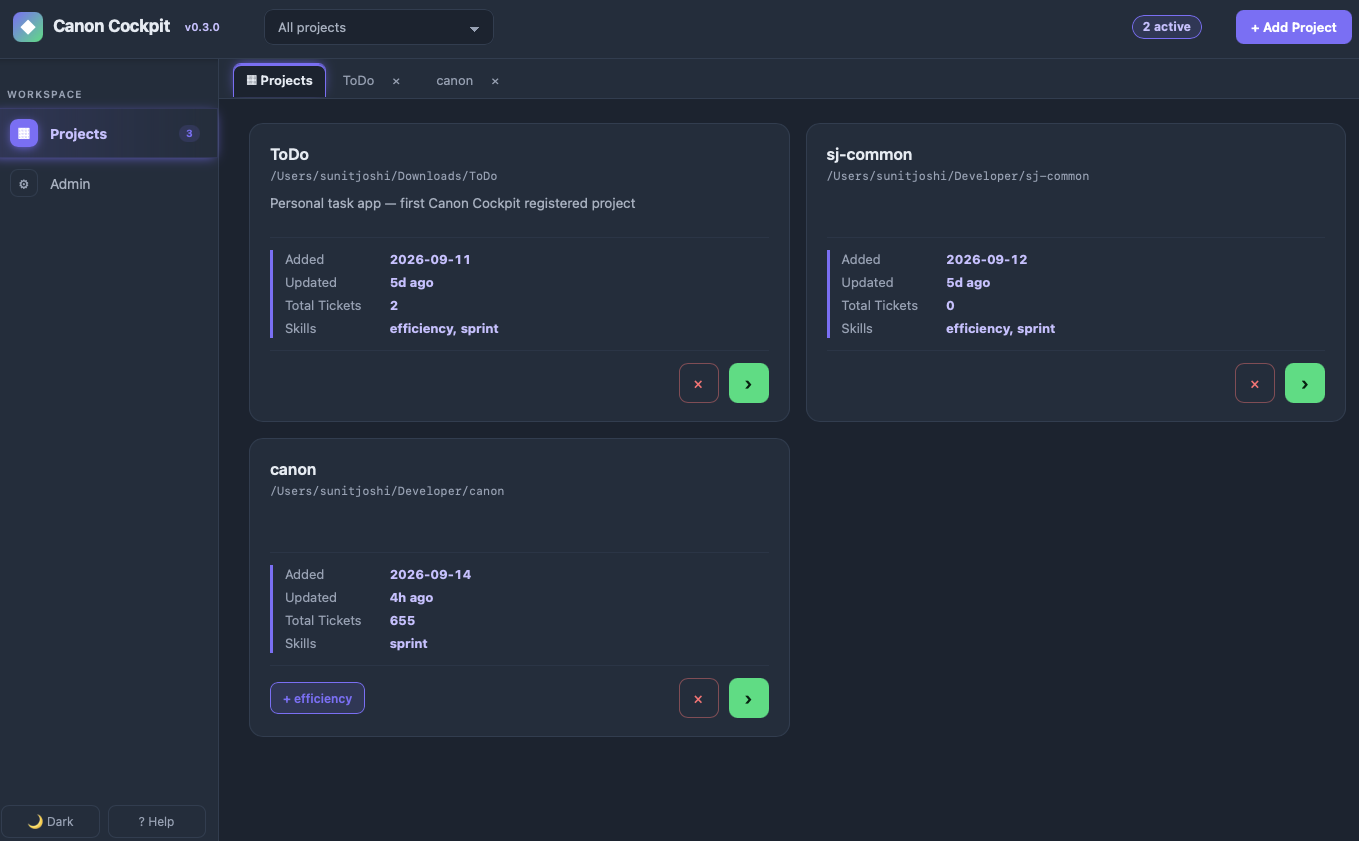 The Cockpit landing — every registered project as a card, opened as tabs side by side with a live open-project count.