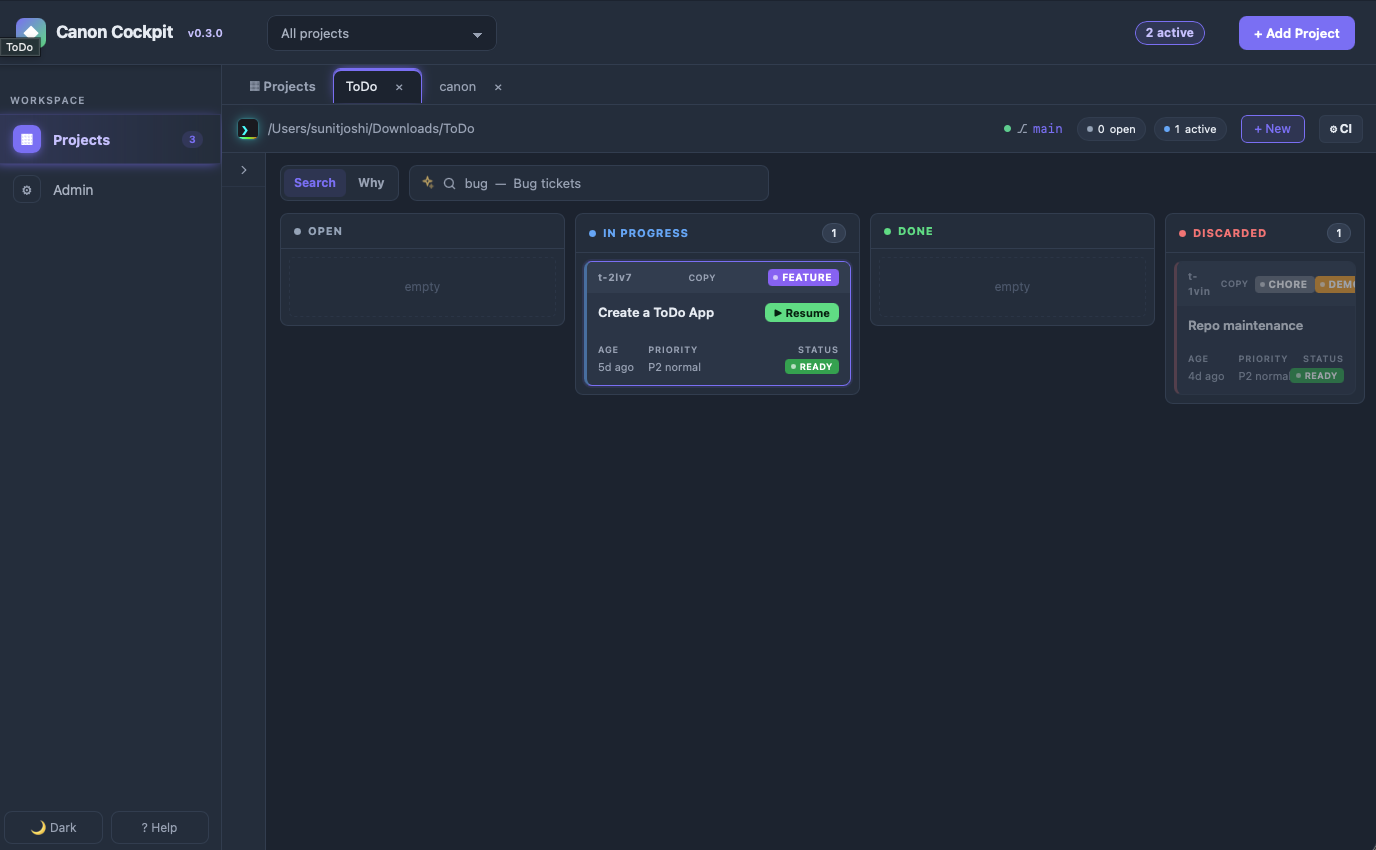 A project's full board — kanban, search, git branch and status — open right inside the same Cockpit window as a tab.