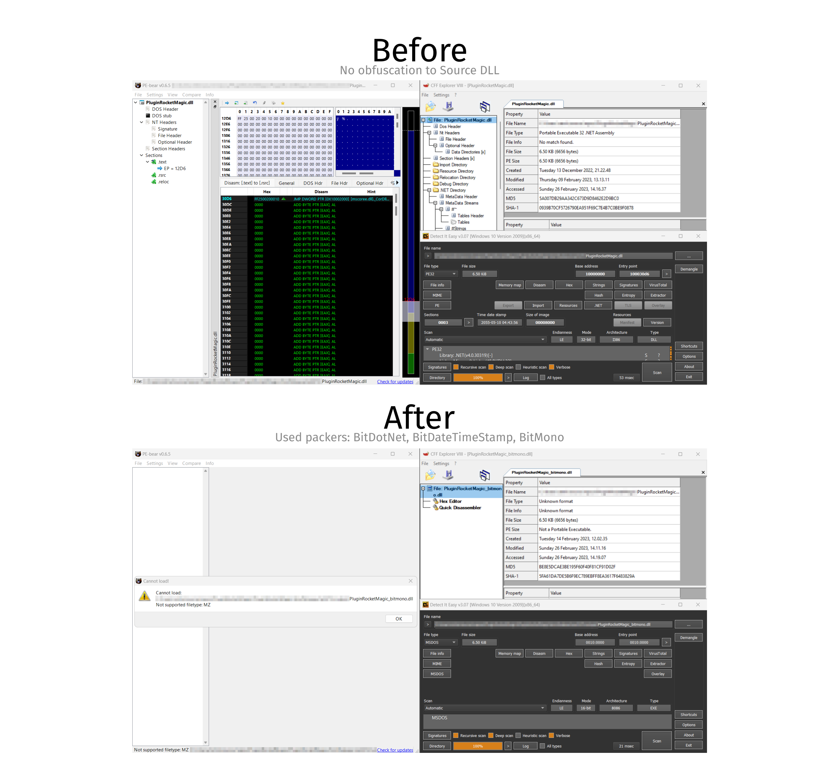 Before and after obfuscation preview by BitMono 2