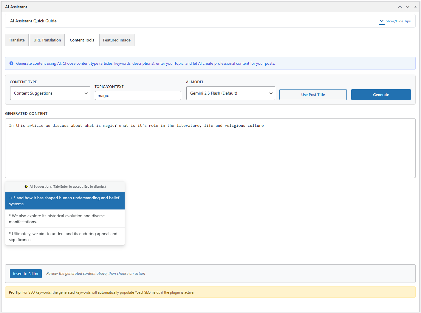 Content Tools AI Suggestion Example