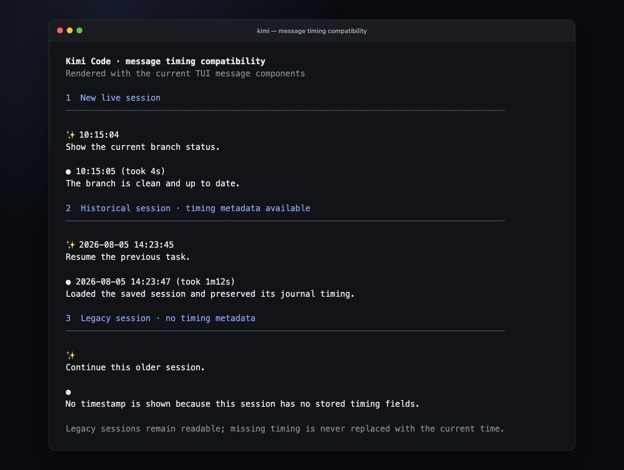 Kimi Code TUI showing new, historical, and legacy message timing behavior