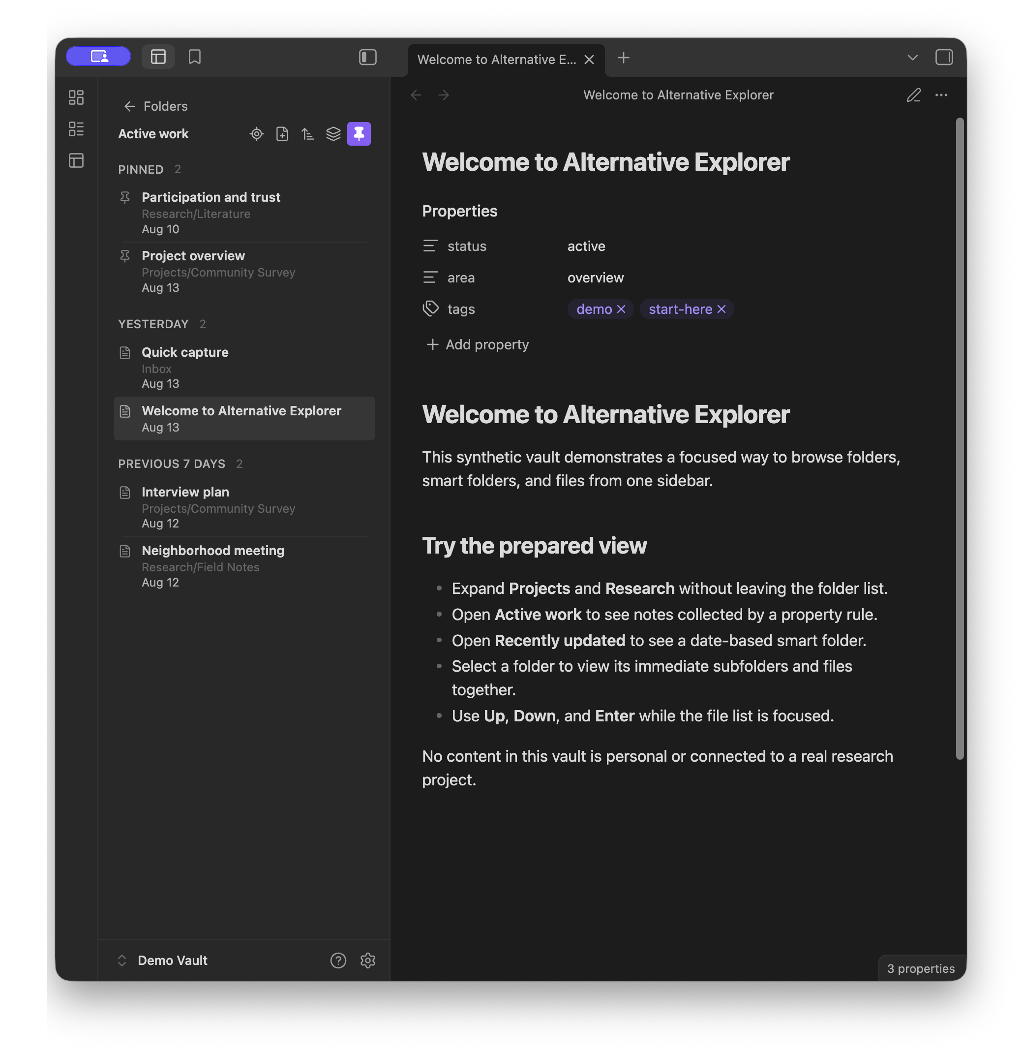 Alternative Explorer showing a smart folder with pinned and date-grouped files