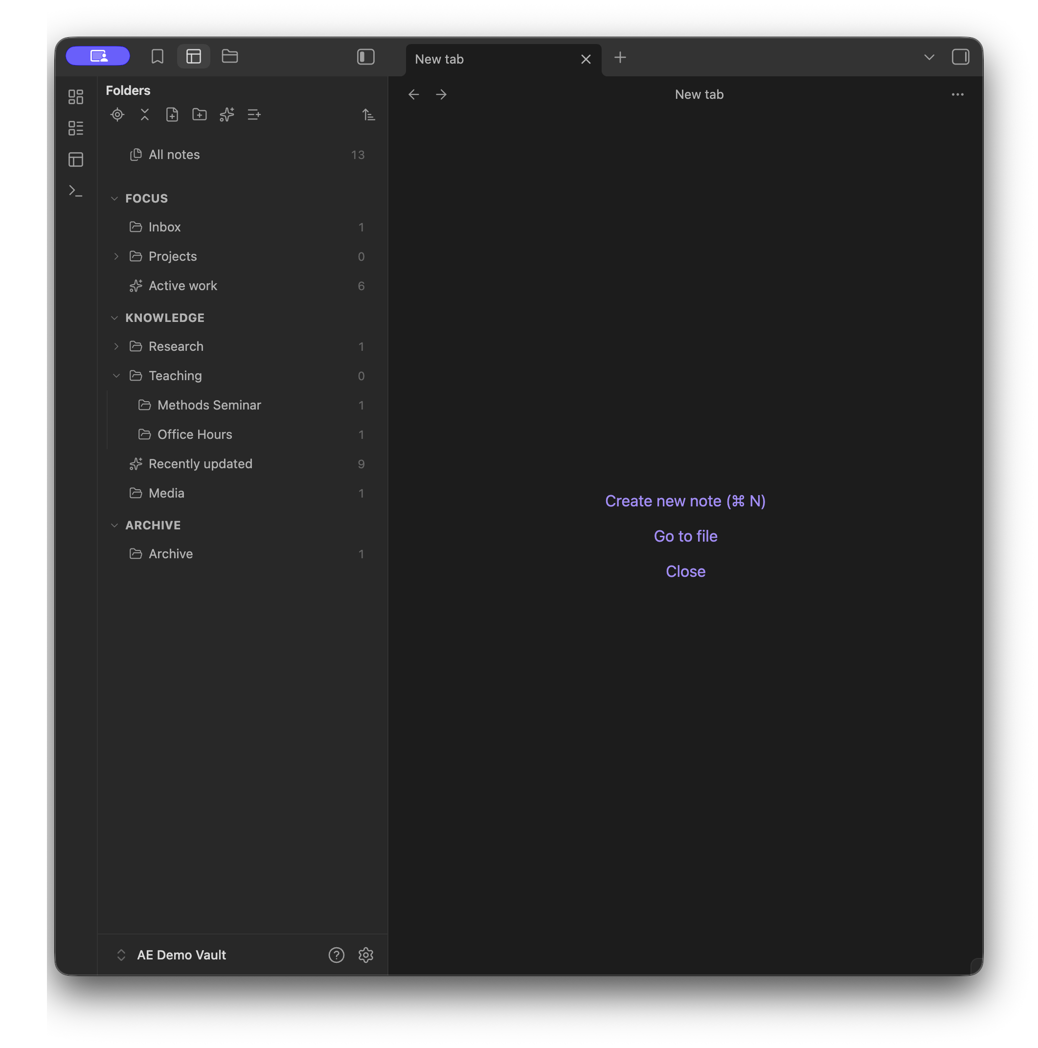 Alternative Explorer folder tree with named sections and note counts
