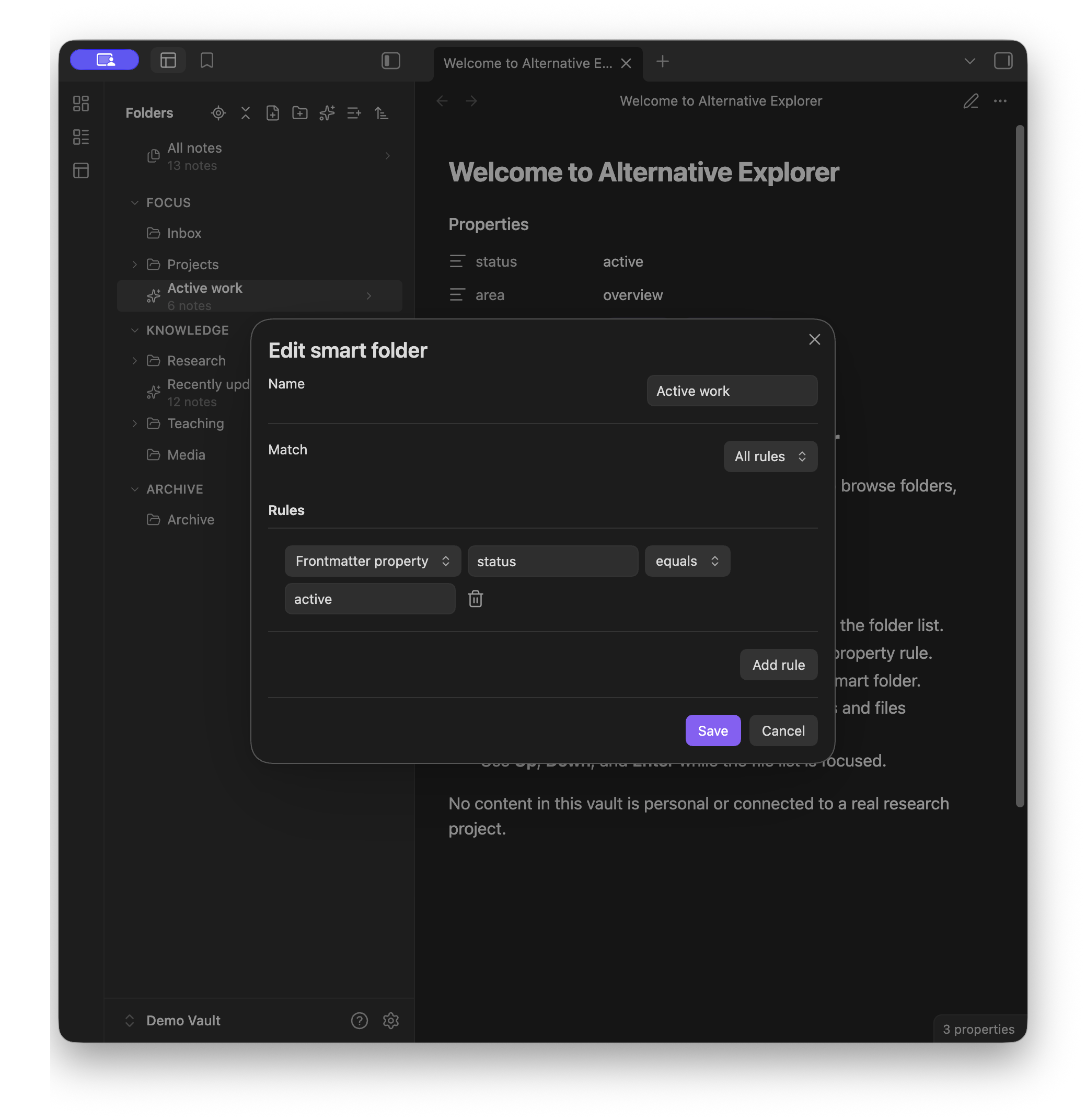 Smart folder rule editor filtering notes by a property