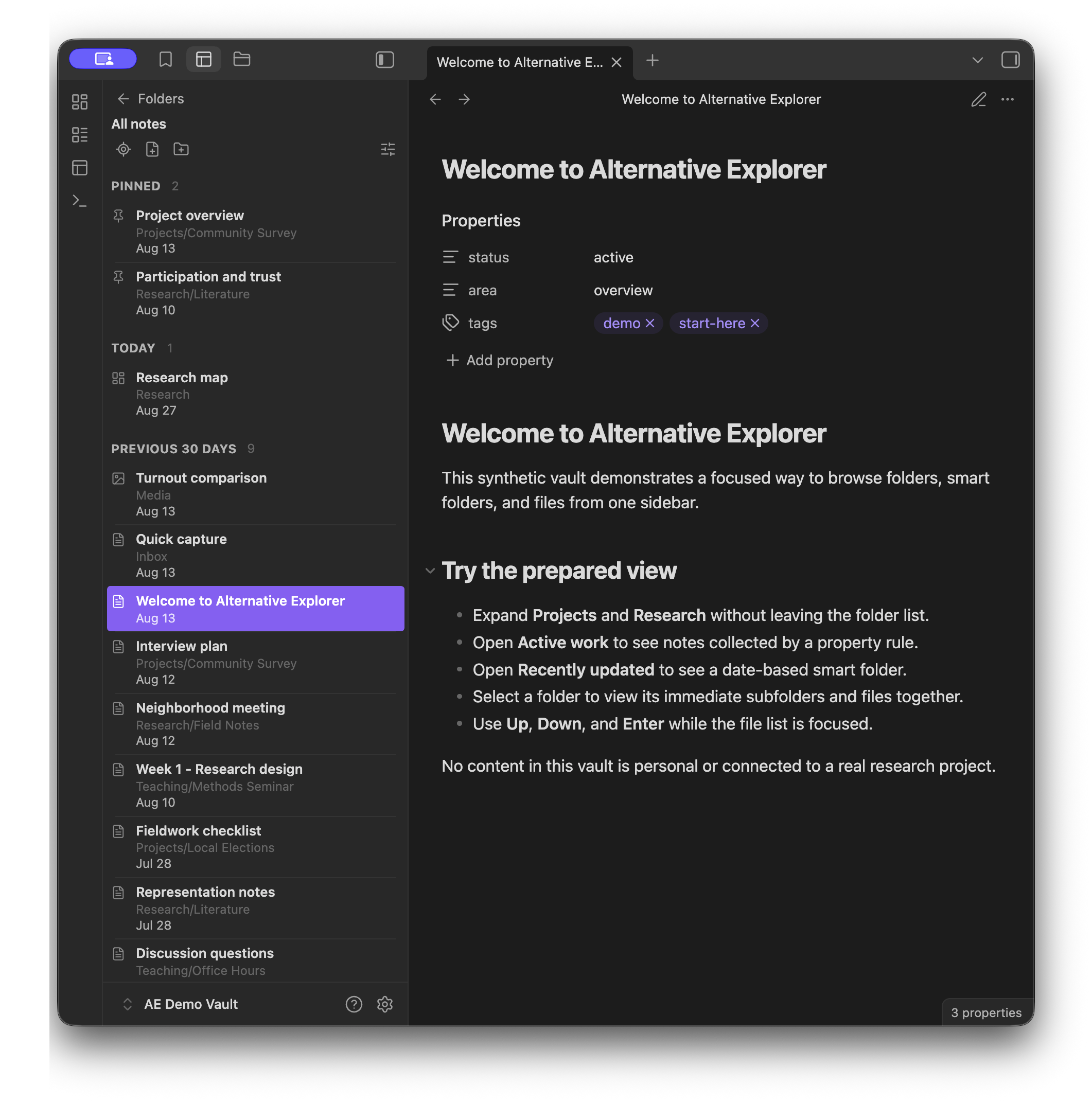 Alternative Explorer showing a smart folder with pinned and date-grouped files