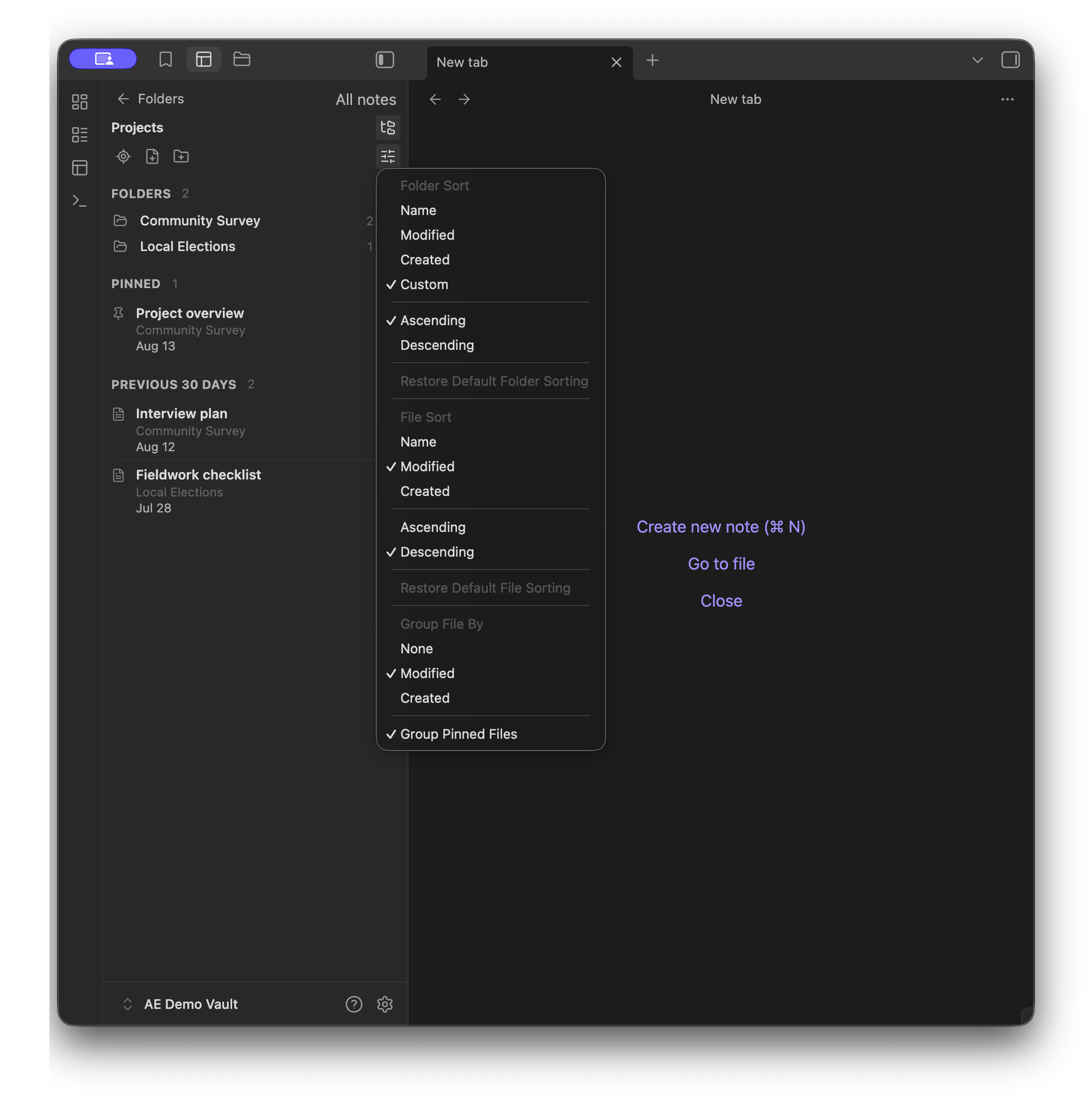 Display menu for folder sort, file sort, date grouping, and pinned grouping