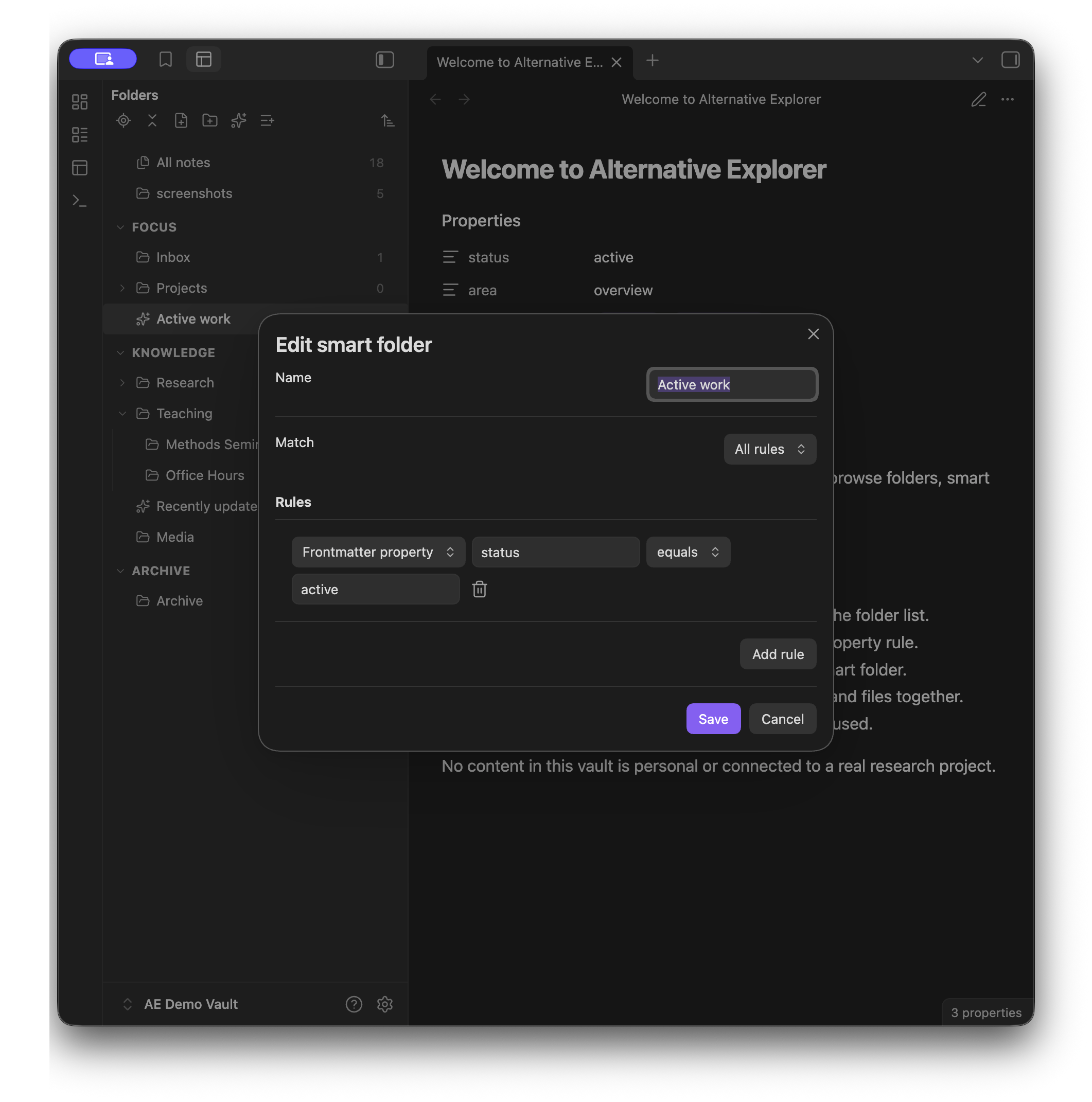 Smart folder rule editor filtering notes by a property