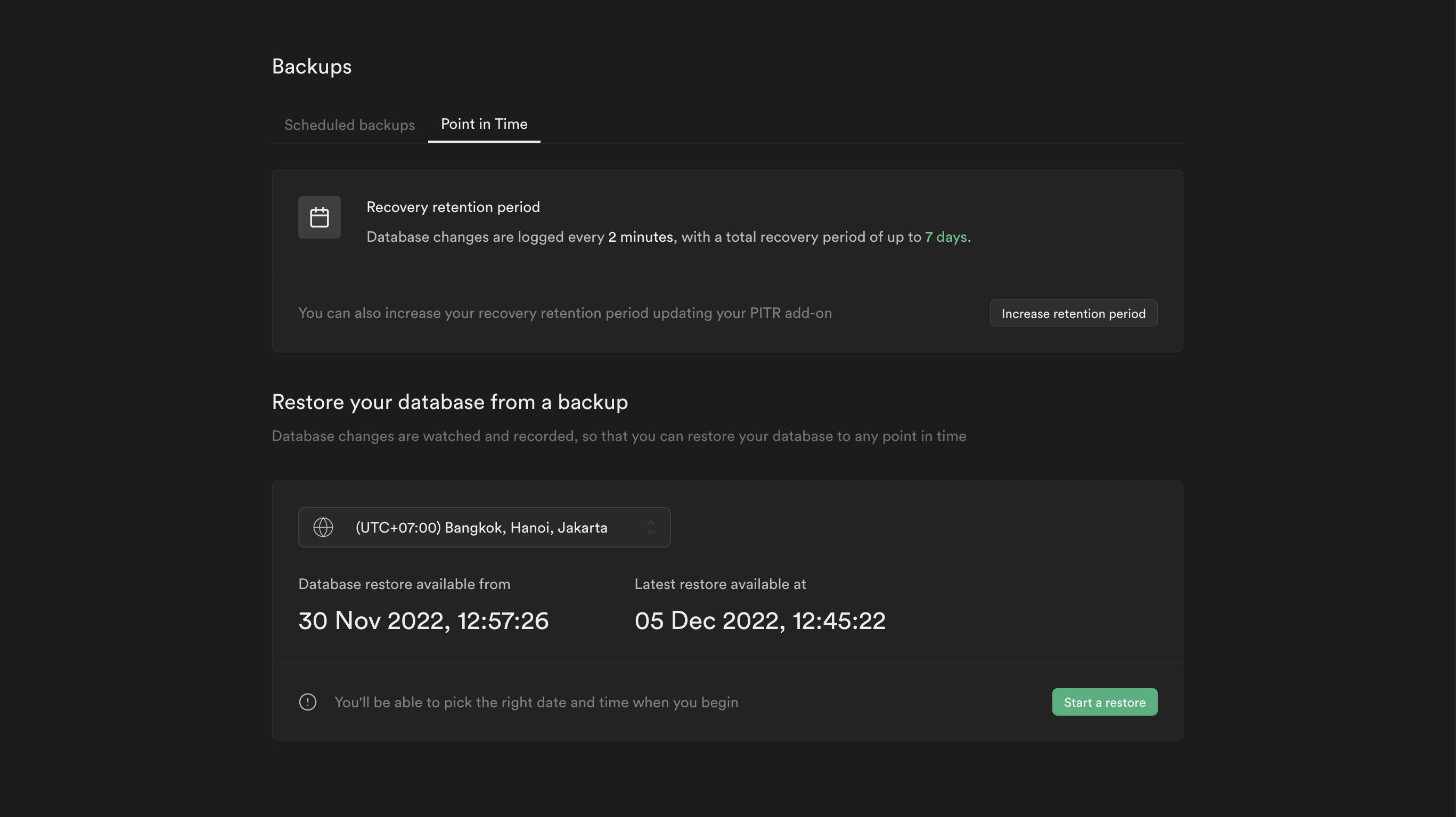 Supabase DashboardでPoint-in-Time Recoveryの保持期間を確認する画面