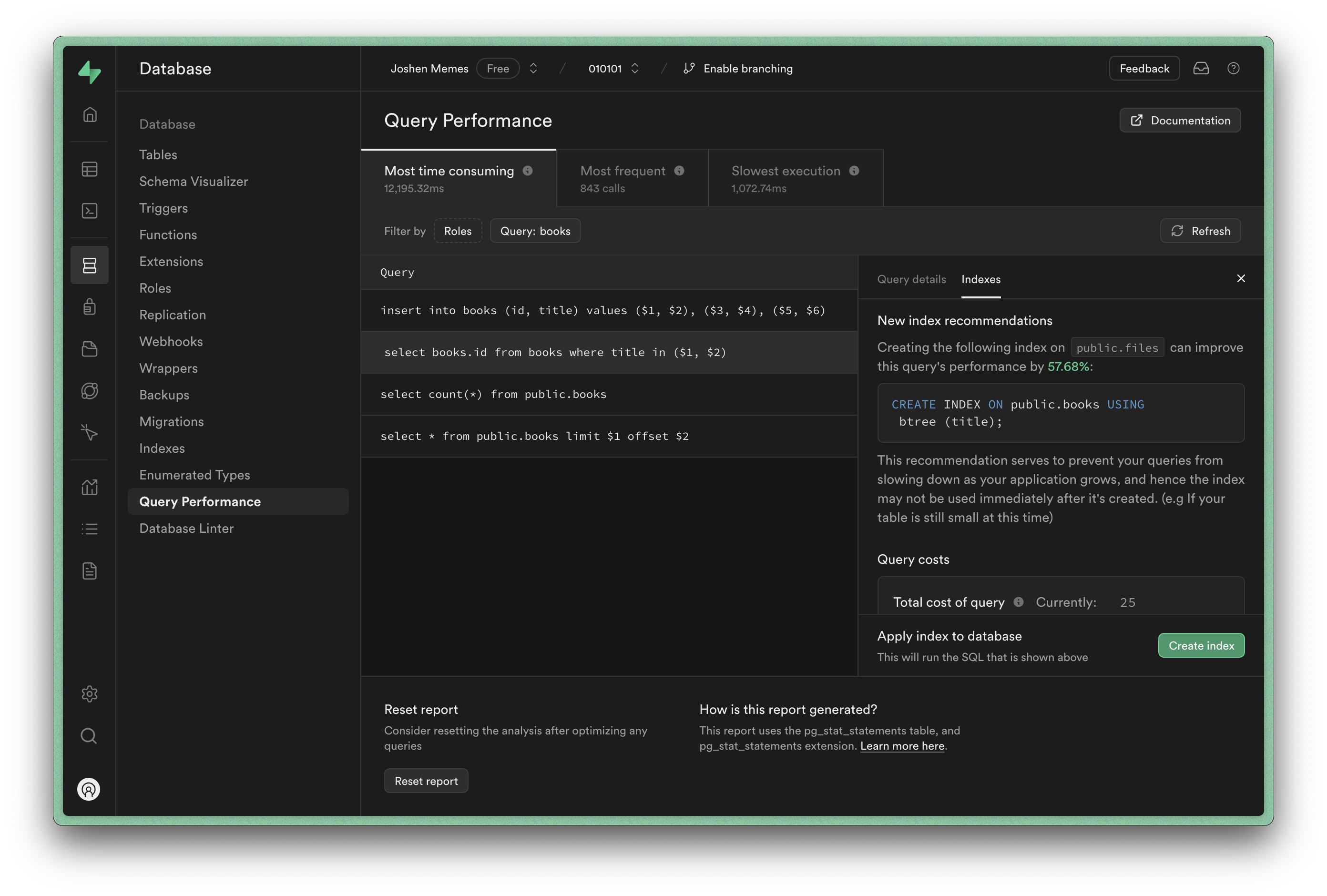 Supabase Dashboardでクエリ性能とインデックス提案を表示する画面