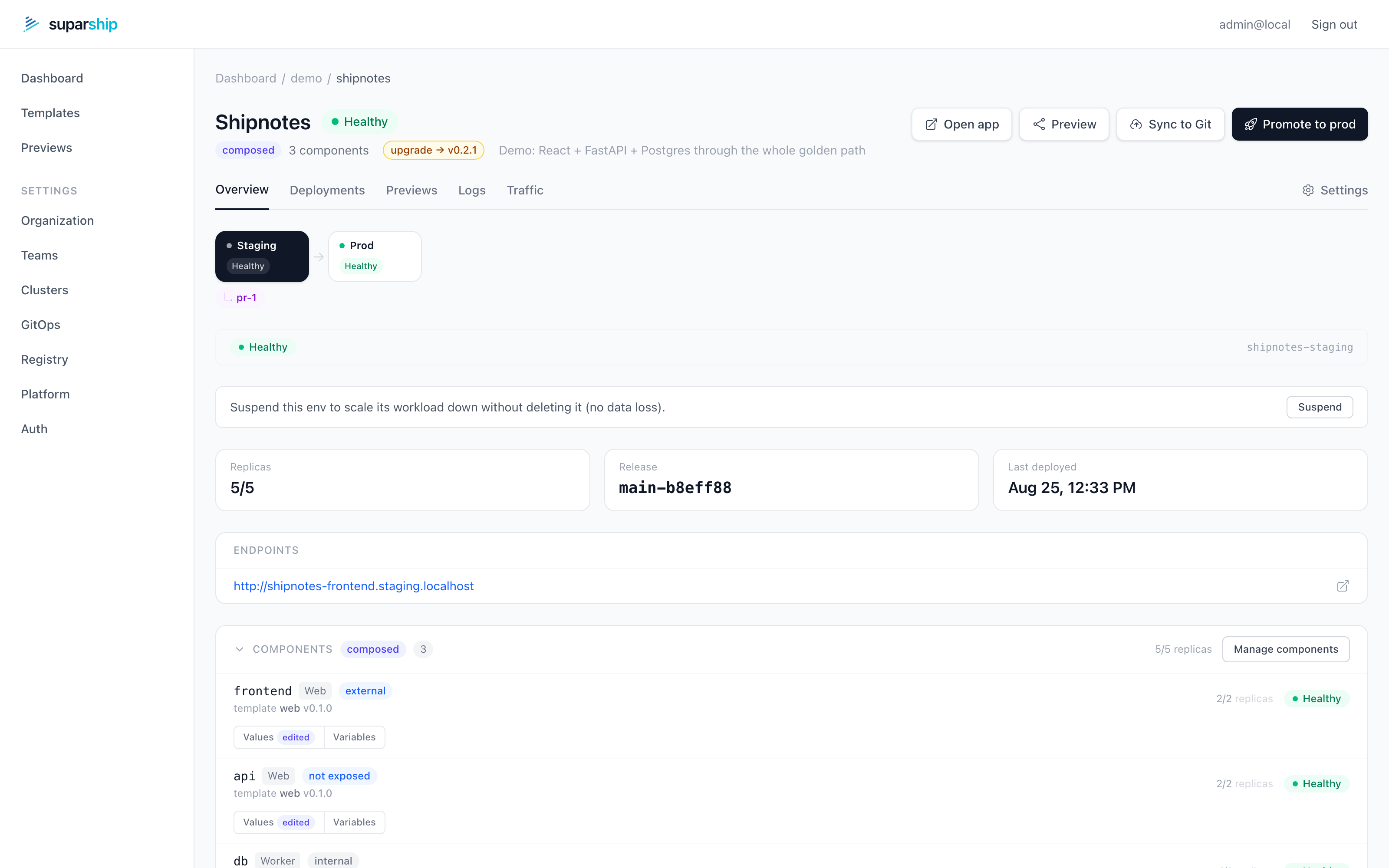 An app is a pipeline: staging promotes to prod, with a live preview badge for the open PR