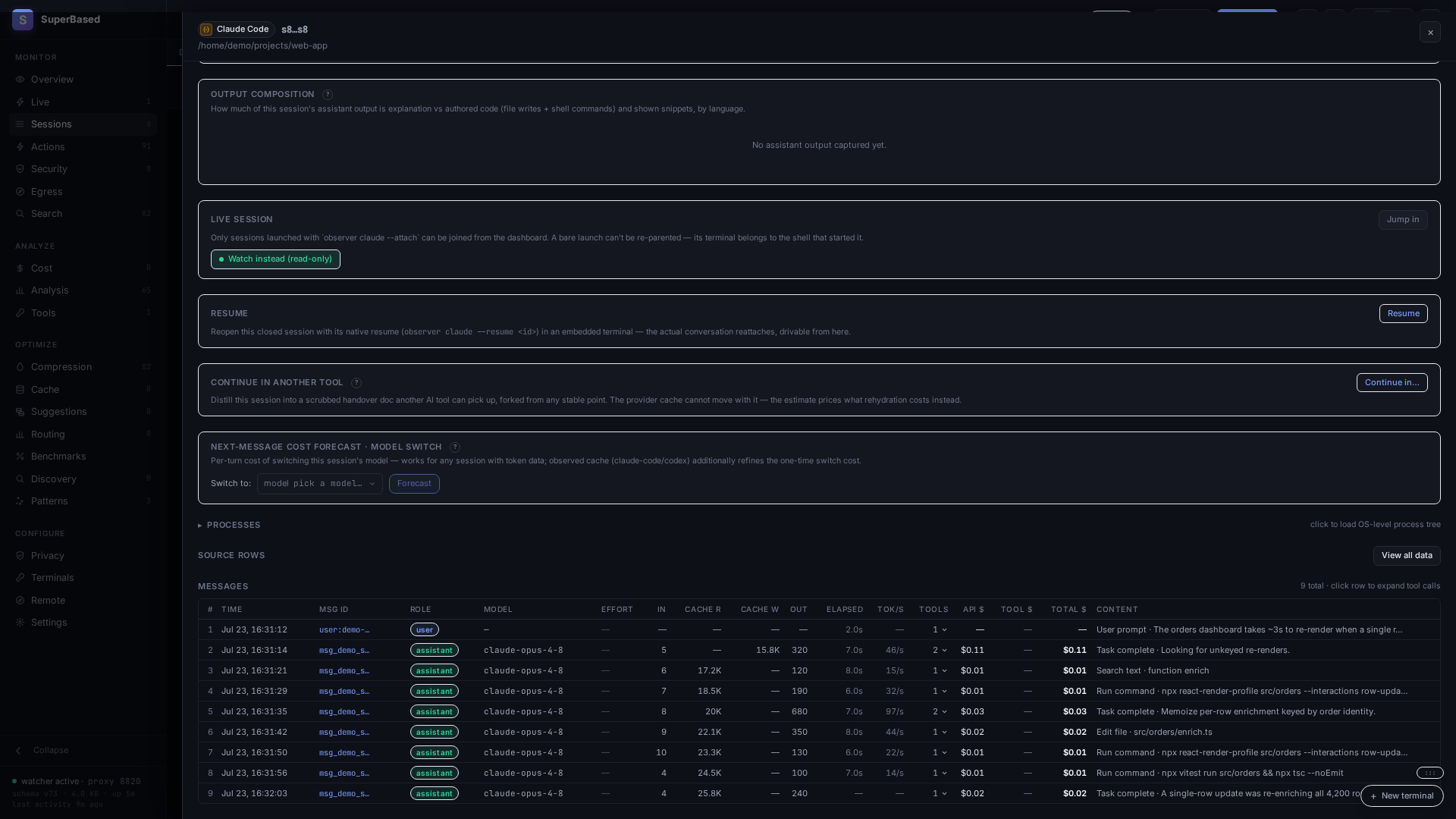 Session detail — per-message timeline of every upstream API turn