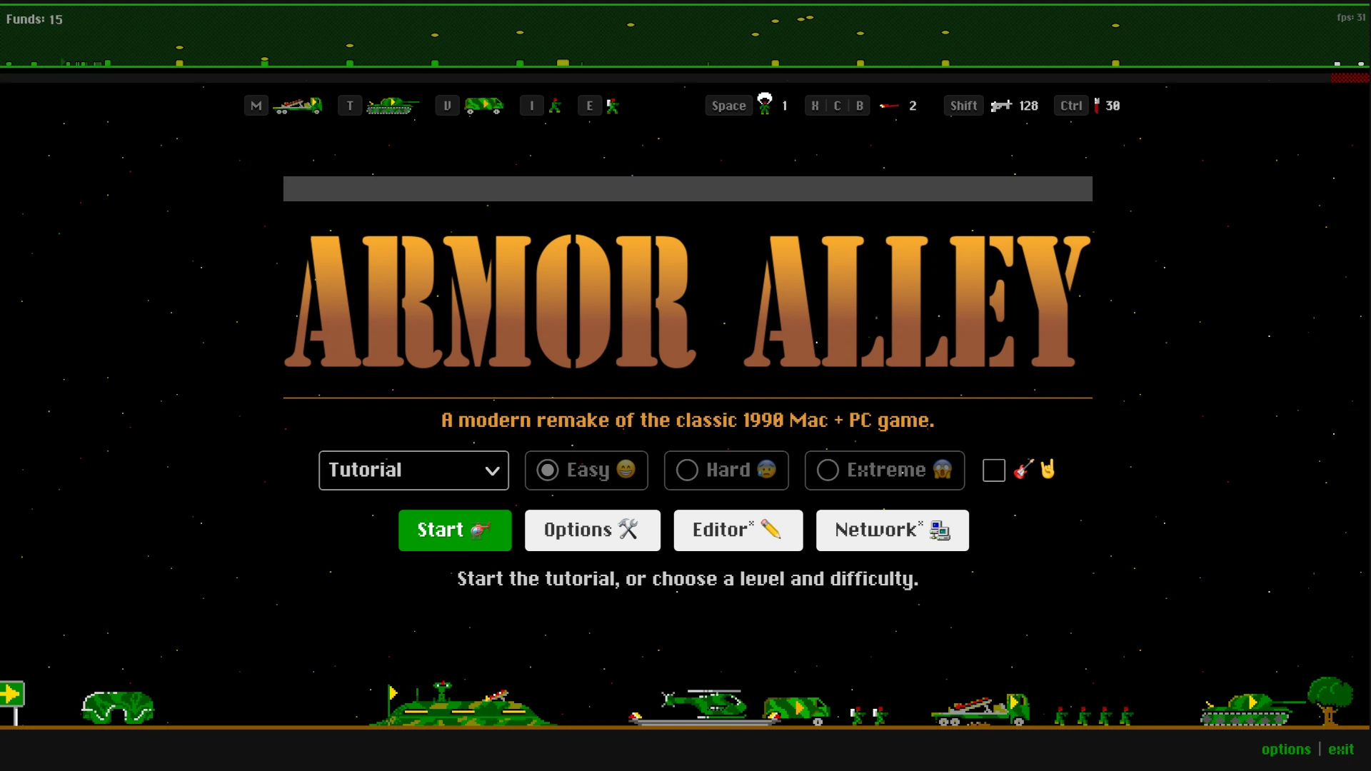 Screenshot: Armor Alley, 2023 update, running in a full-screen browser tab. Game menu, Helicopter, battlefield and ground units are displayed.