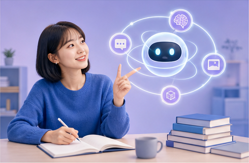 친근한 AI 도구의 기초를 학습하는 사람 일러스트