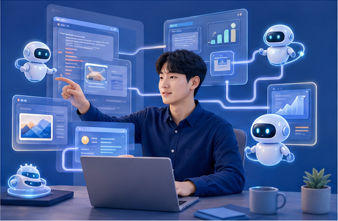 여러 AI 도구를 실무에 활용하는 사람 일러스트