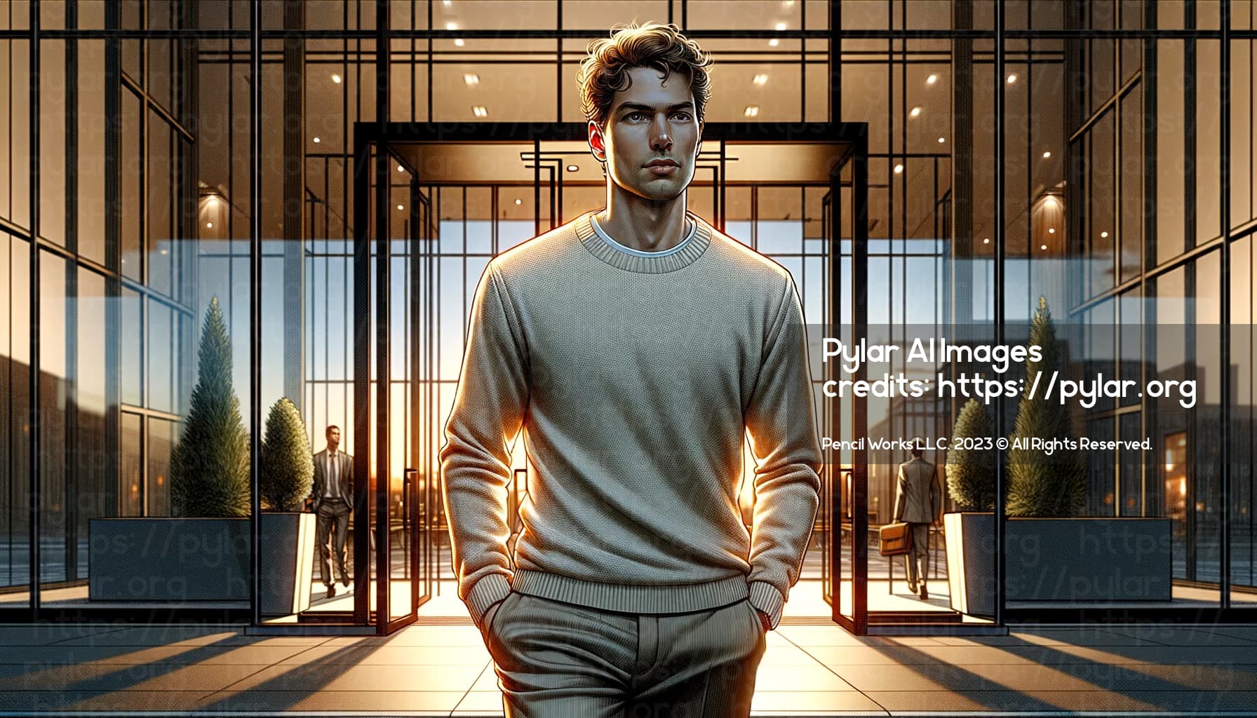 Craft a panoramic HD image of a realistic drawing of an anonymous man with a neutral expression, short curly hair, dressed in a cream-colored crewneck sweater. The scene is set at dusk, with the man leaving a contemporary office building. He should be captured in motion, walking out of the building's front doors. The office is modern with glass doors, reflecting the orange hues of the sunset. The man's figure should be in the foreground, heading towards the viewer, embodying the end of a workday and the transition from professional to personal time.