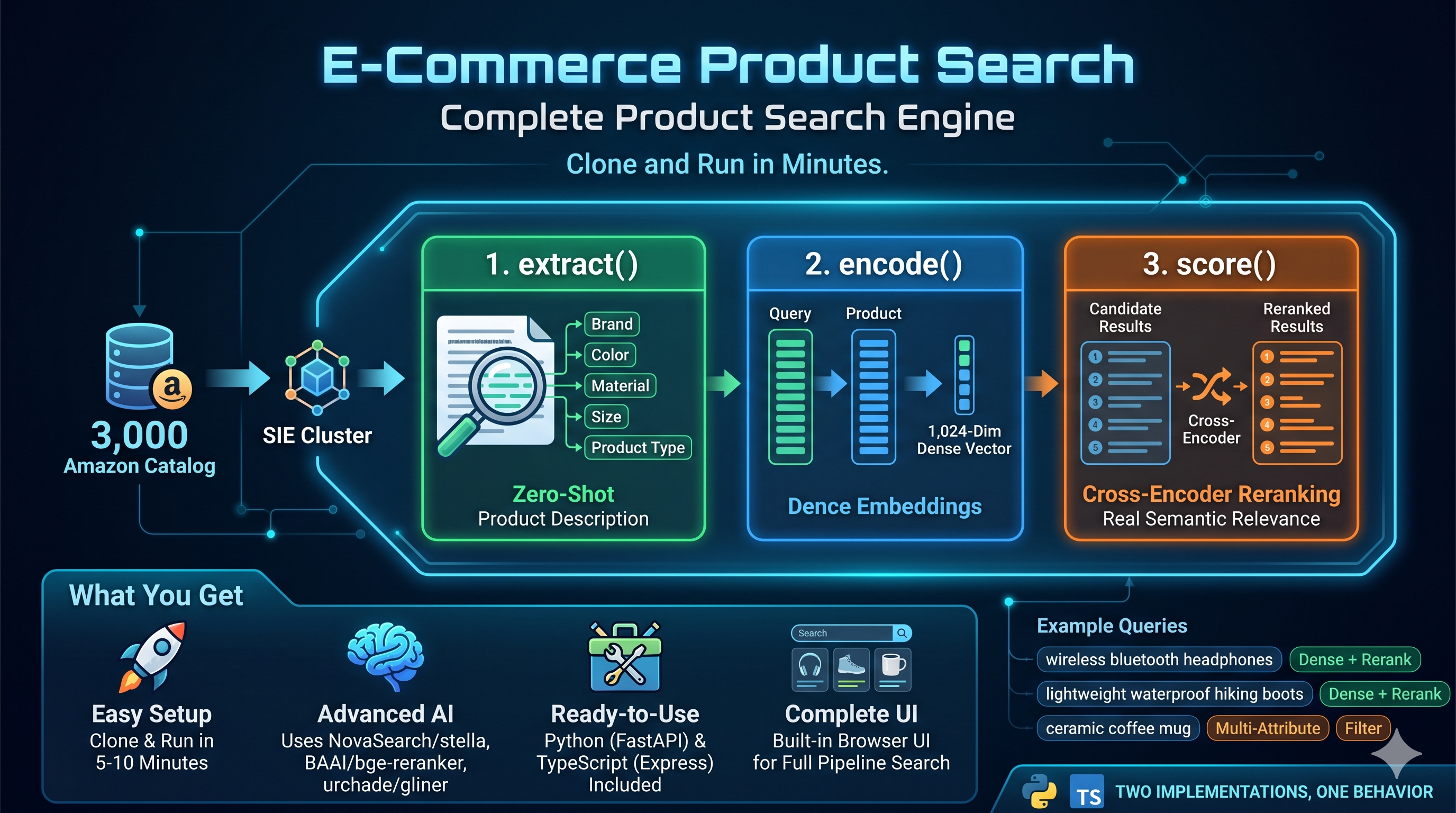 E-Commerce Product Search: extract, encode, score on a single SIE cluster
